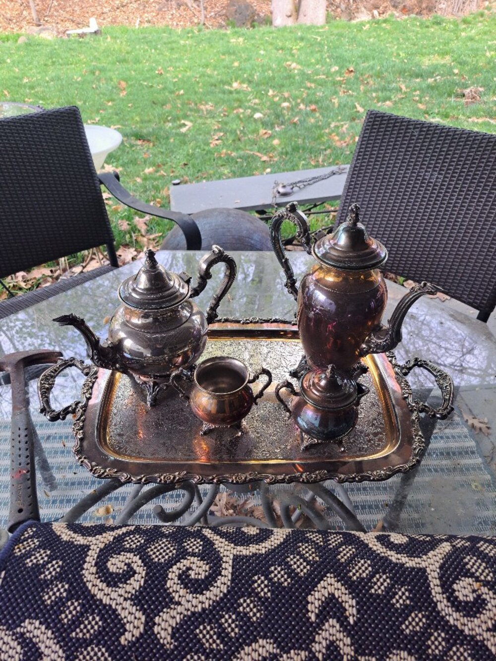 Oneida 4 Piece Silverplated Tea and Coffee Set. Round platter is 15" round. One